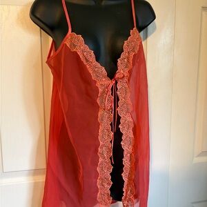 La SENZA Sheer Red Lace-Trim Chemise with Front Tie